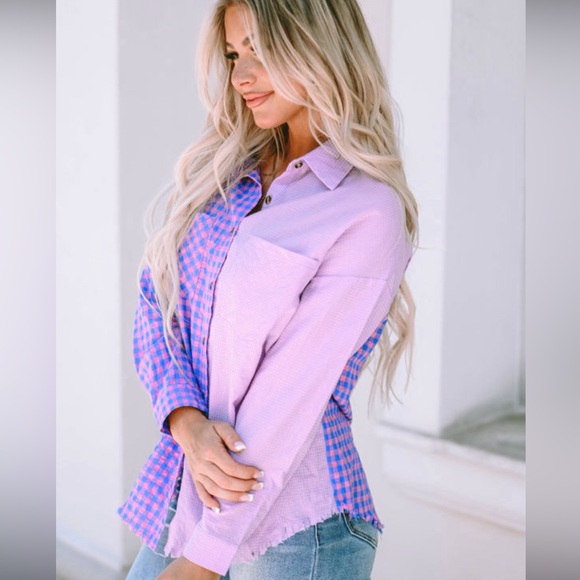 Lightweight Purple & Pink Checkered Plaid Button Down Top, Frayed Hem - Picture 8 of 15